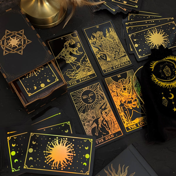 The Rider Waite Gold Sun Rainbow Foil Tarot Deck - Dark Forest Tarot Cards