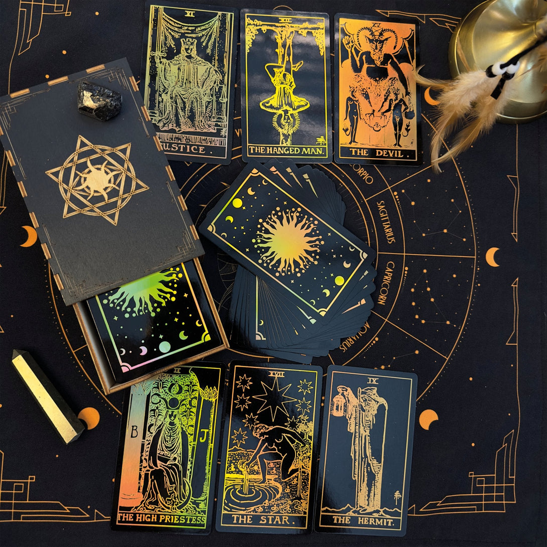 The Rider Waite Gold Sun Rainbow Foil Tarot Deck - Dark Forest Tarot Cards